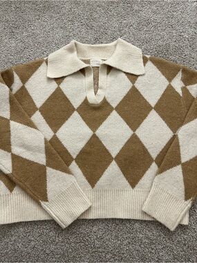Dreamers by Debut M argyle knit polo sweater camel cream